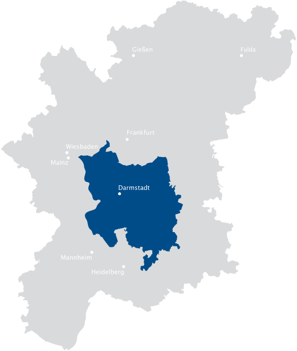 Karte vom Rhein-Main-Gebiet mit Darmstadt im Fokus